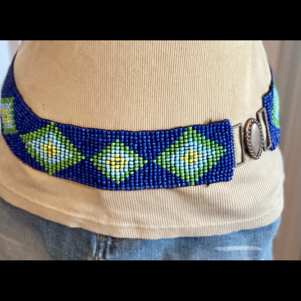 Stretchy Wide Beaded Belt Turquoise, Blue and Green. ONE MISSING BEAD
